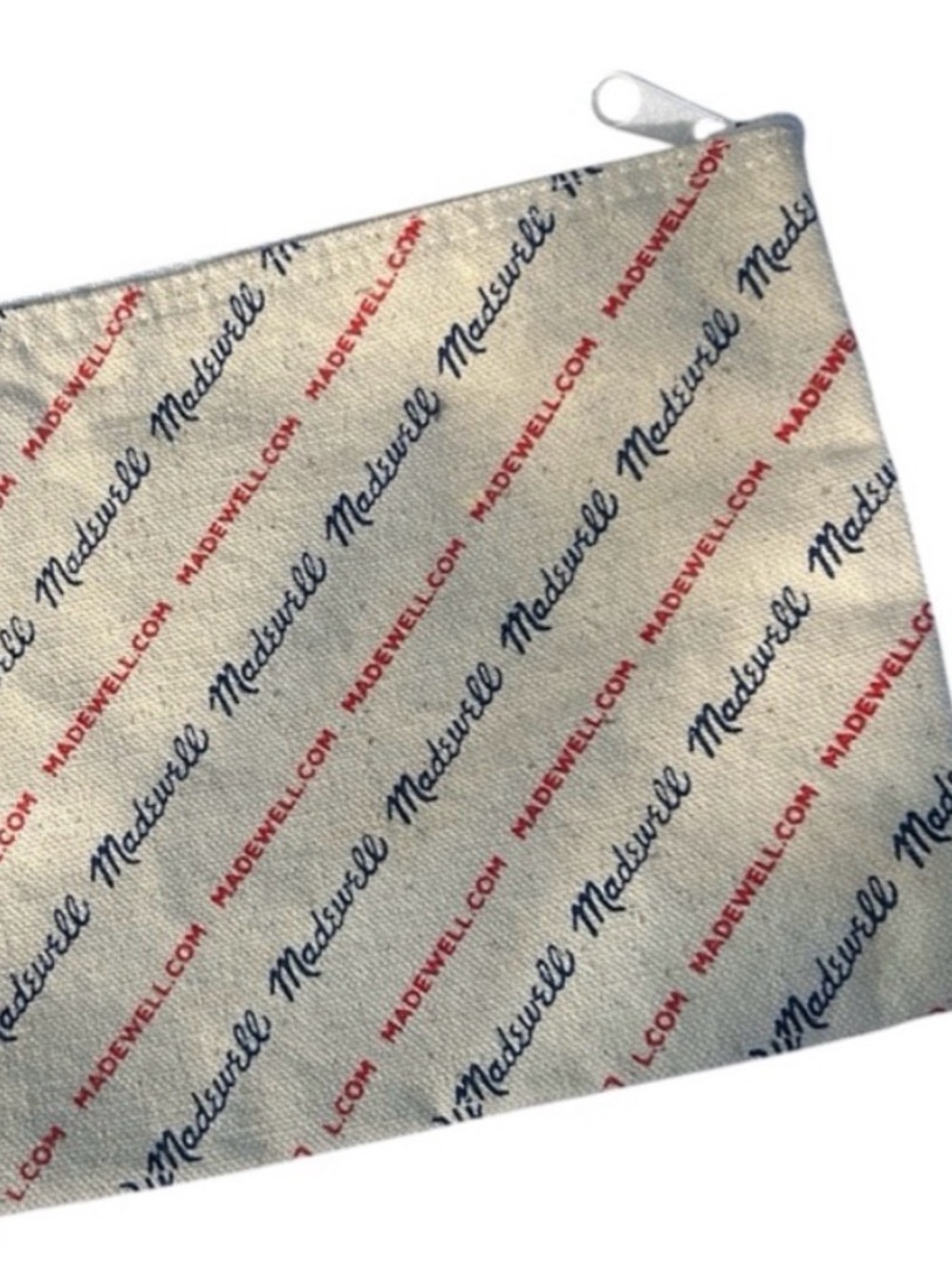 Madewell Cream Canvas Pouch with Red & Navy Logo Script for makeup or anything